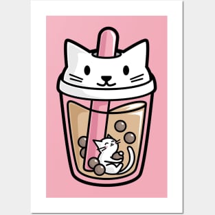 Bubble Tea with White Cute Kawaii Cat Inside Posters and Art